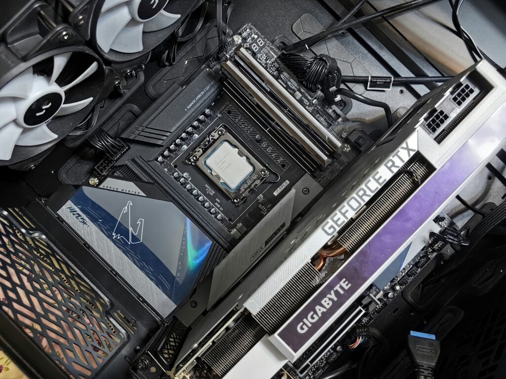 Gigabyte GeForce RTX graphics card installed in a custom PC build