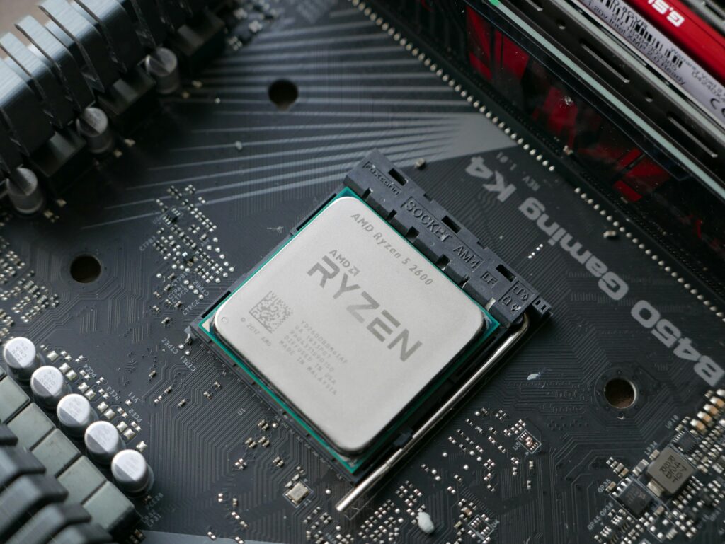 AMD Ryzen 2600 processor seated on B450 motherboard for a budget gaming pc